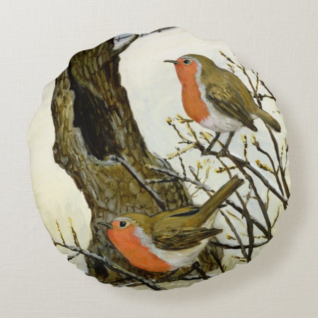 A Pair of Robins Round Pillow (Back)
