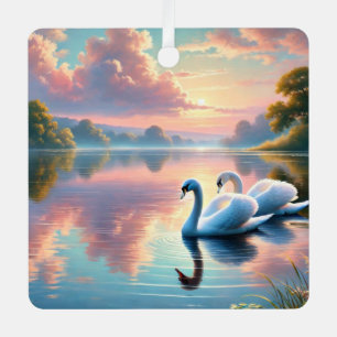 A pair of swans gliding on a serene lake metal ornament