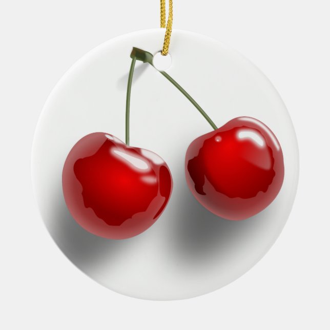 A Pair of Two Red Shinny Cherries on Their Stem Ceramic Ornament (Front)