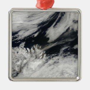 A pale gray ash plume blows from the summit metal ornament