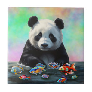 A Panda Gazes Curiously at Swimming Colorful Fish Ceramic Tile