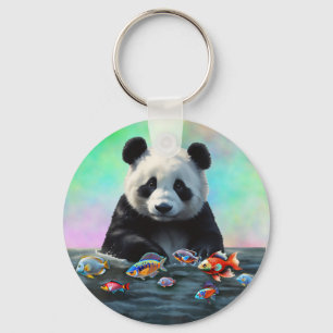 A Panda Gazes Curiously at Swimming Colorful Fish Keychain