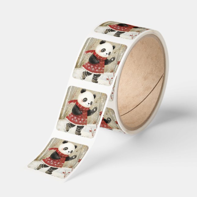 A Panda Ice Skating Square Sticker (Roll)