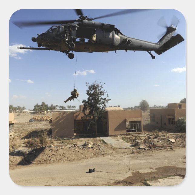 A pararescueman rappels from an HH-60 2 Square Sticker (Front)
