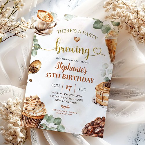 A Party is Brewing Coffee Adult Any Age Birthday Invitation