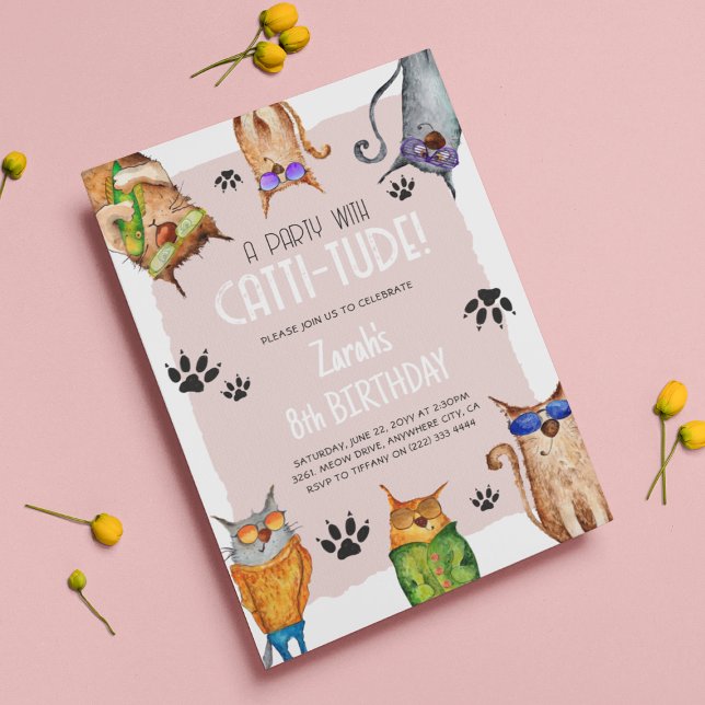A Party with Catti-Tude! Fun Kids Birthday Invitation (Creator Uploaded)