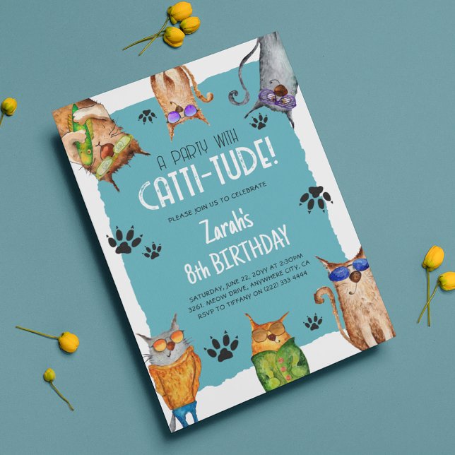 A Party with Catti-Tude! Fun Kids Birthday Invitation (Creator Uploaded)