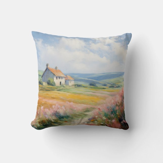 A Pastoral Masterpiece: Countryside Farmhouse View Throw Pillow (Front)