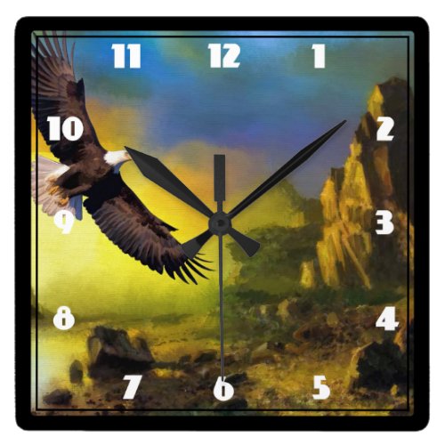 A Patriotic Design with Bald Eagle Flying High Square Wallclocks