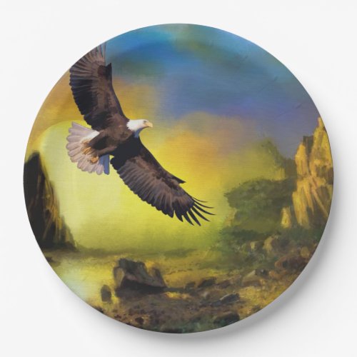 A Patriotic Design with Bald Eagle Flying High Paper Plates
