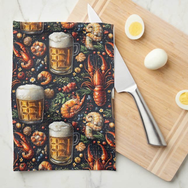 A pattern for beer and seafood lovers. kitchen towel (Quarter Fold)