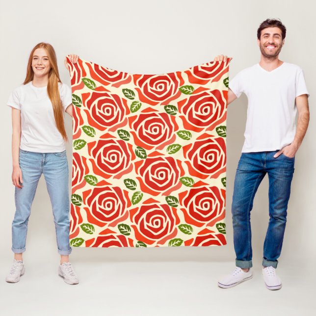 A pattern of big roses red green and white chic fleece blanket (In Situ)