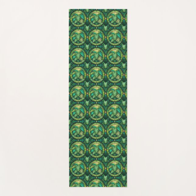 A pattern of intricate, green and gold circular  yoga mat (Front)