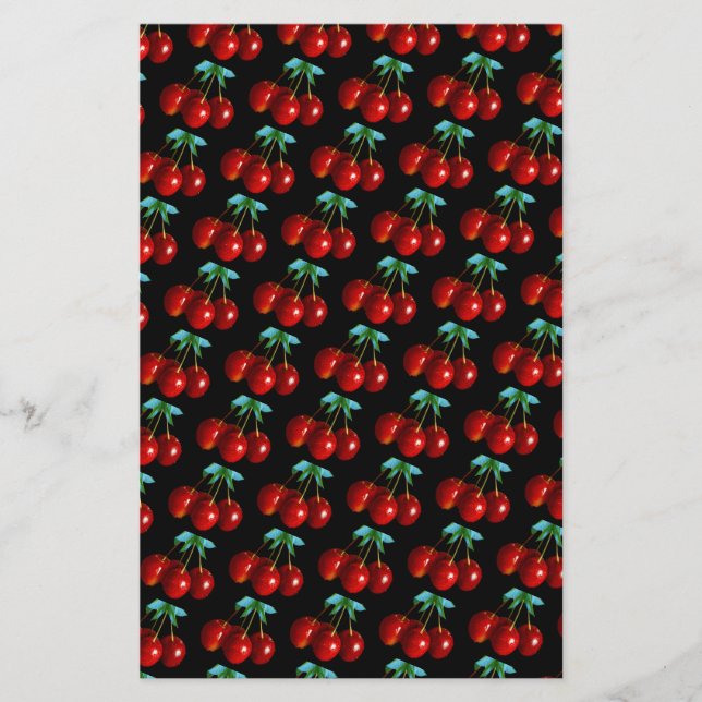 A Pattern Of Red Cherries on Stems Leaves on Black (Front)