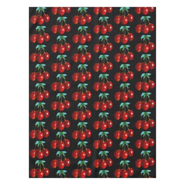 A Pattern Of Red Cherries on Stems Leaves on Black Tablecloth (Front)