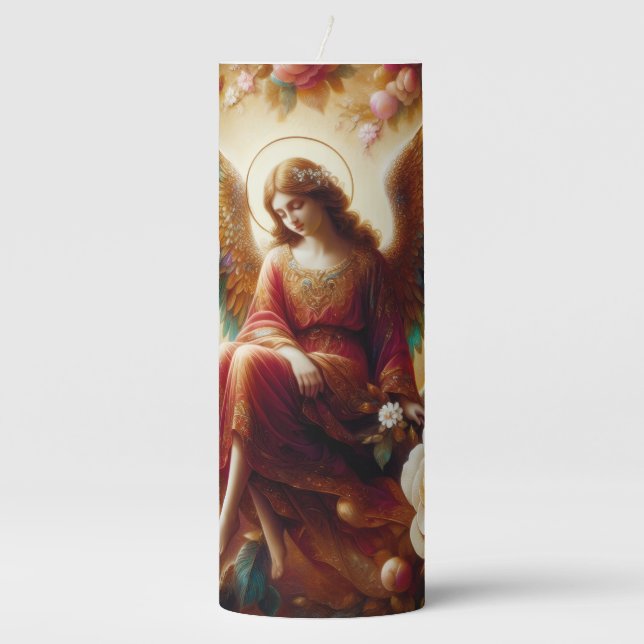A Peaceful Angel Sitting On a Limb on a Beautiful Pillar Candle (Front)