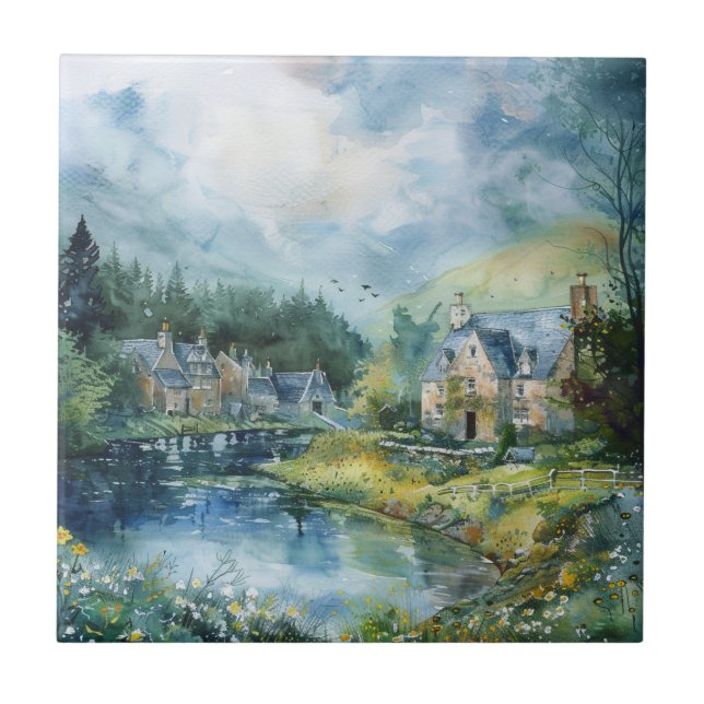 A Peaceful Scottish Village Ceramic Tile (Front)