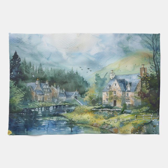 A Peaceful Scottish Village Kitchen Towel (Horizontal)