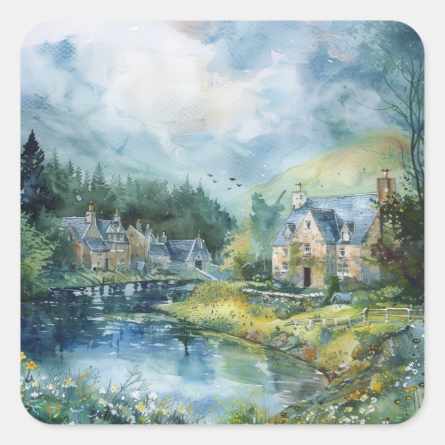 A Peaceful Scottish Village Square Sticker (Front)
