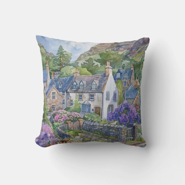 A Peaceful Scottish Village Throw Pillow (Front)