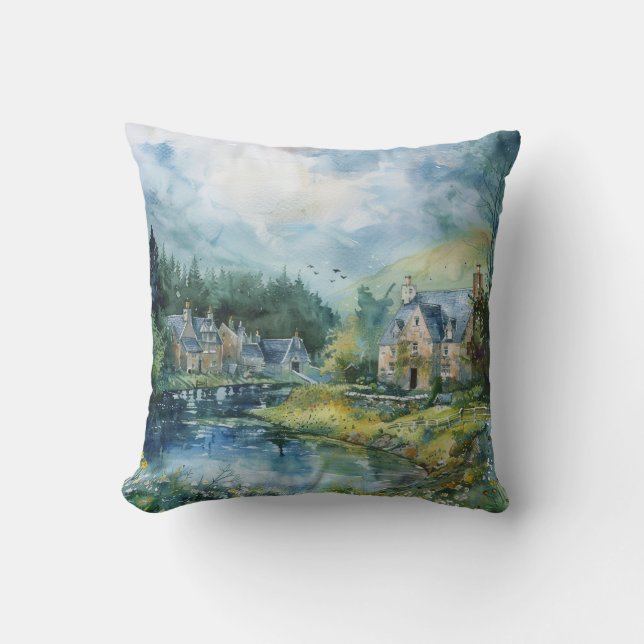A Peaceful Scottish Village Throw Pillow (Front)