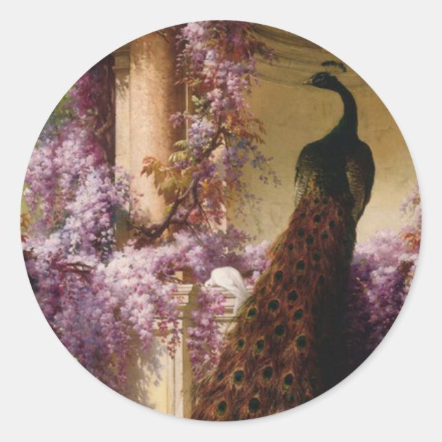 A Peacock and Doves in a Garden Print Classic Round Sticker (Front)