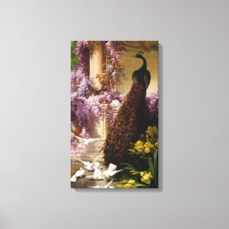 A Peacock and Doves in a Garden Wrapped Canvas Print