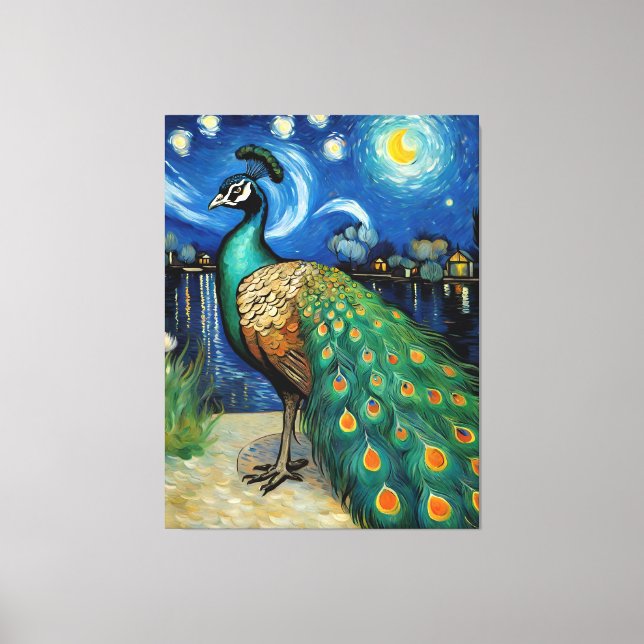 A Peacock in The Starry Night Canvas Print (Front)