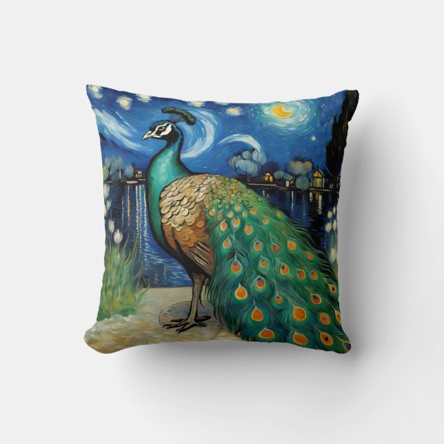 A Peacock in The Starry Night Throw Pillow (Front)