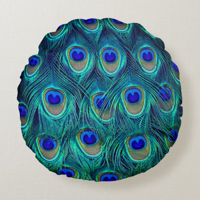 A Peacocks Beautiful Opened Feathers    Round Pillow (Front)