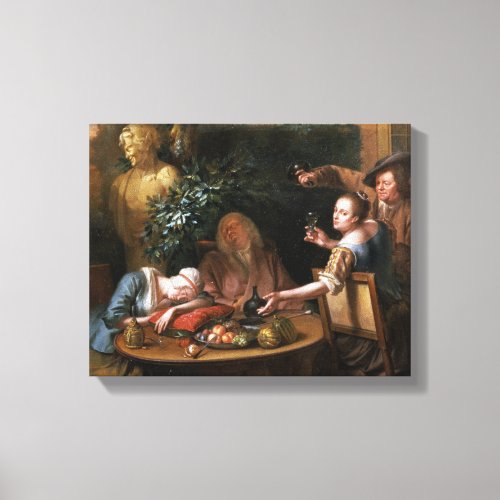 A peasant pours a drink for a woman while her husb canvas print