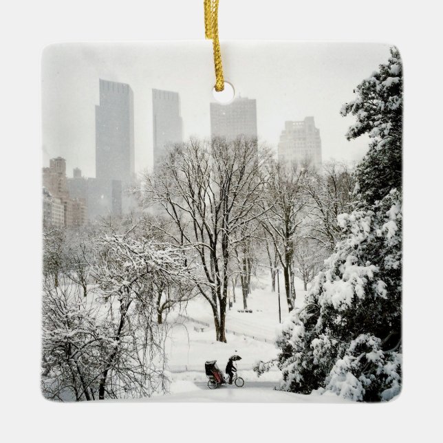 A Pedicab in Central Park During Winter Ceramic Ornament (Front)