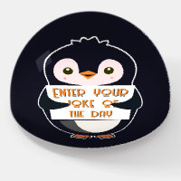 A penguin holding a sign with custom text