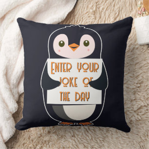 A penguin holding a sign with custom text throw pillow