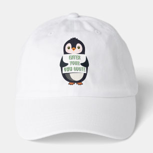 A penguin holding a sign with customizable text th hat