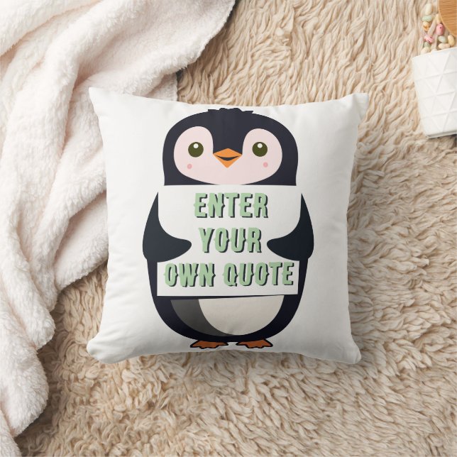 A penguin holding a sign with customizable text throw pillow (Blanket)