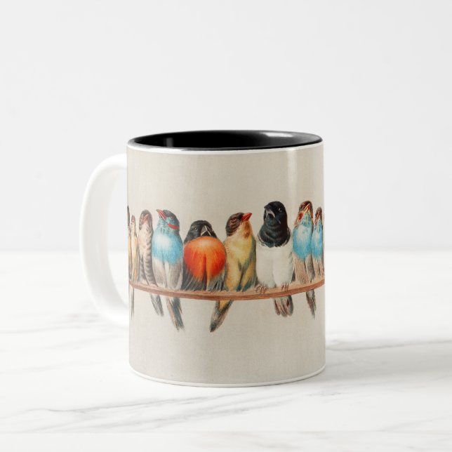 A Perch of Birds, 1880 by Hector Giacomelli Two-Tone Coffee Mug (Front Left)