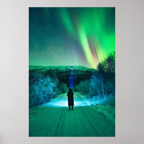A Person Standing Under Aurora Borealis Norway Poster
