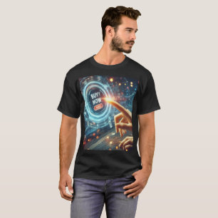a person using a laptop with the word buy now on T-Shirt