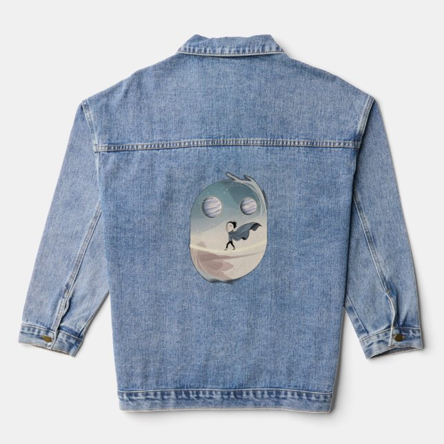 A person walking on a tightrope between planets, denim jacket (Back)