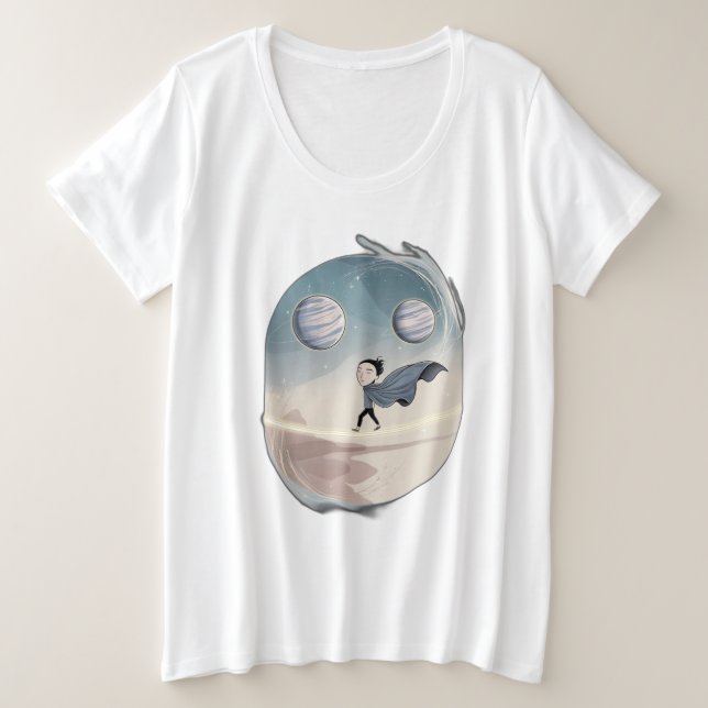 A person walking on a tightrope between planets plus size T-Shirt (Design Front)