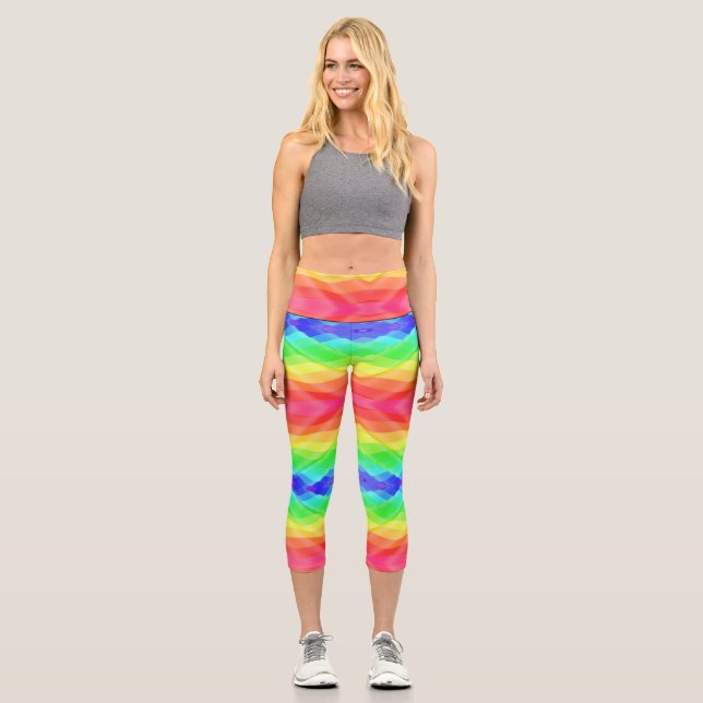 A person wearing vibrant, rainbow-colored leggings (Front)