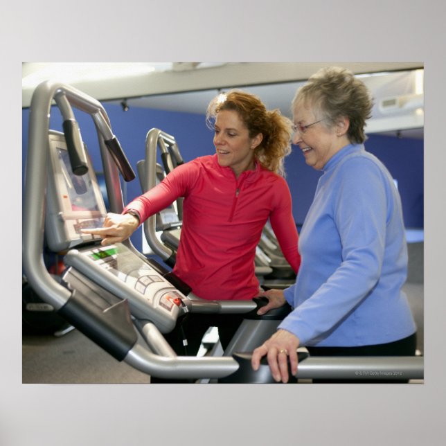 A personal trainer helps a senior woman on a poster (Front)