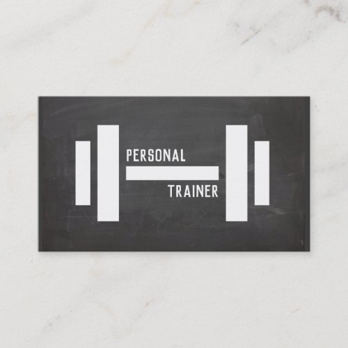 A personal trainer white dumbbell icon chalkboard business card