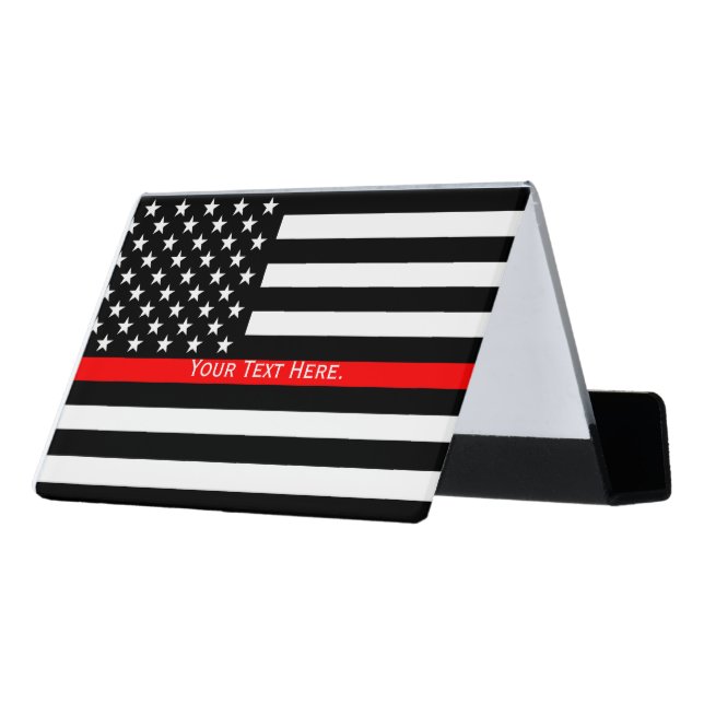 A Personalized American Thin Red Line Display Desk Business Card Holder (Angled Back)