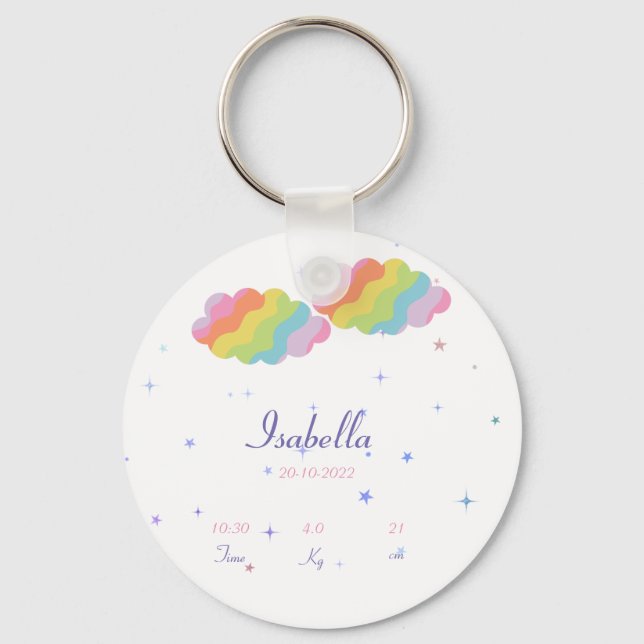 A personalized birth announcement button keychain (Front)