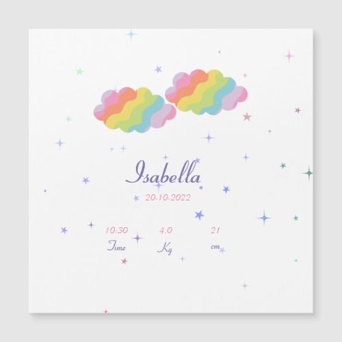 A personalized birth announcement magnetic card