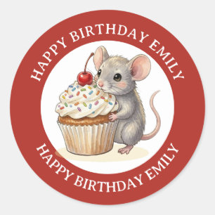 A Personalized Birthday Mouse with Cupcake Classic Round Sticker