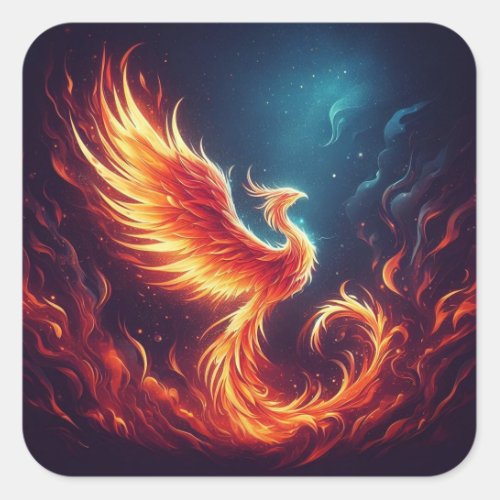 A phoenix rising from fiery ashes square sticker