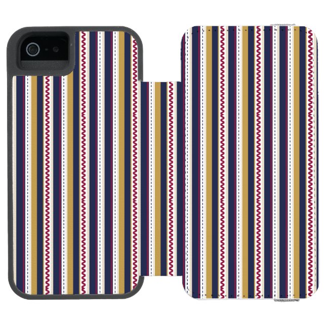 A phone case with vertical stripes in navy yellow (Folio Open)